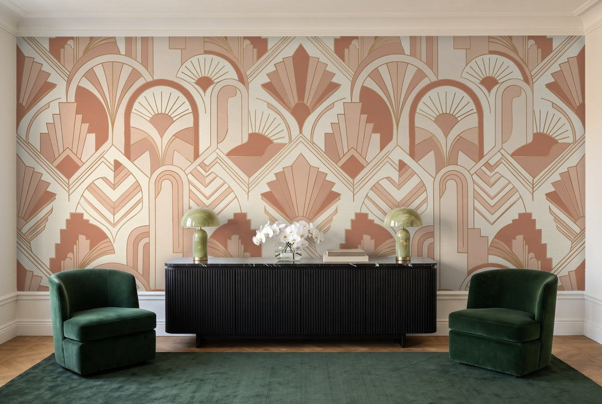 Blush Art Deco Mural in a living room
