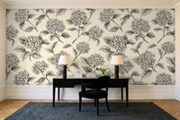 Black And White Hydrangea Floral Mural in a home office