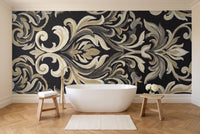 Black Damask Mural in a bathroom