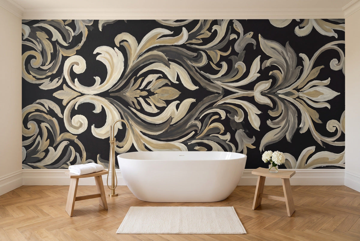 Black Damask Mural in a bathroom