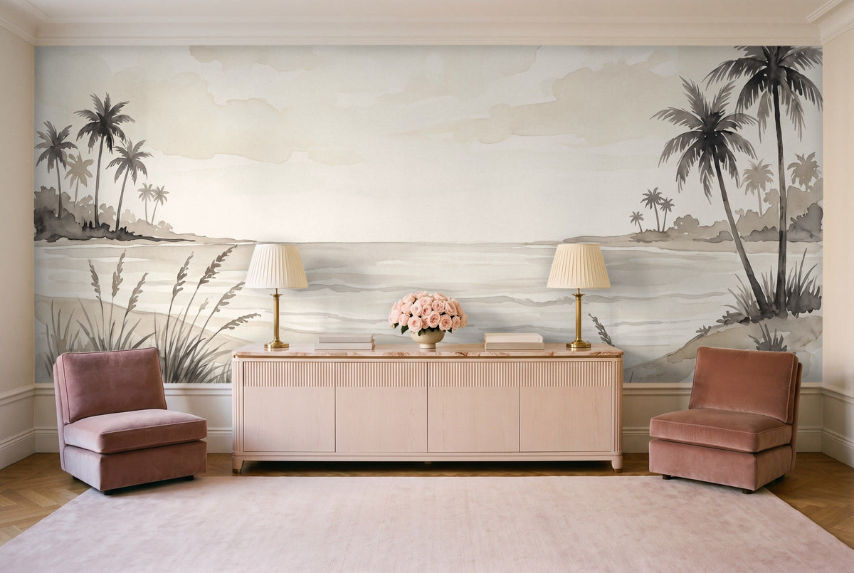 Cream Beach Landscape Mural in a living room