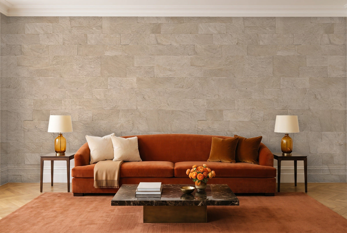 Beige Stone Mural in a living room