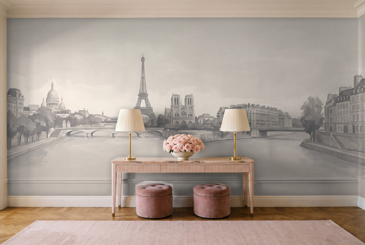 Grey Paris Cityscape Mural in an entryway