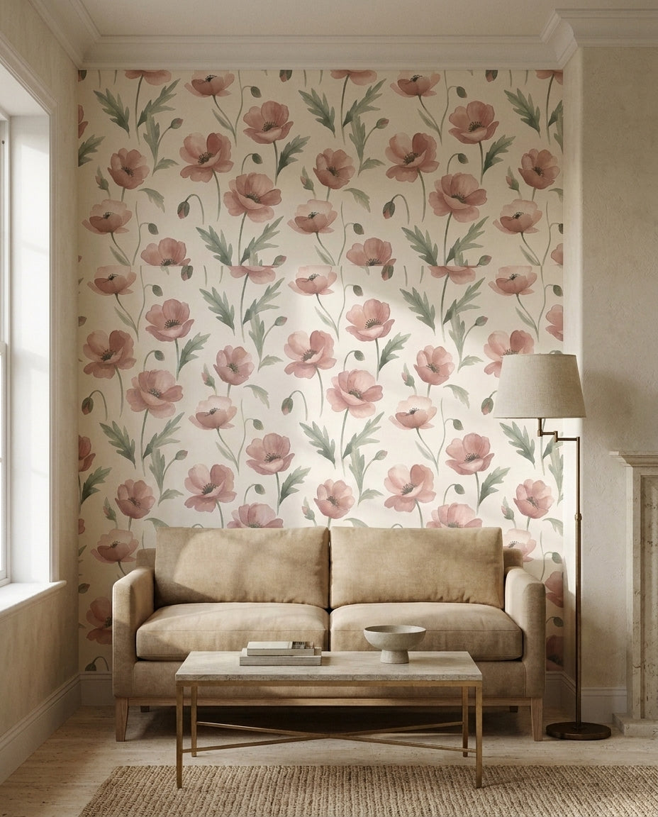 Pink Poppy Floral Mural in an interior