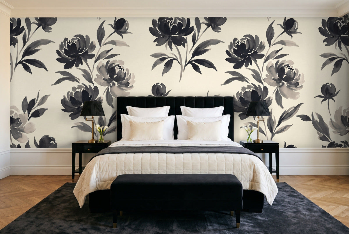 Black Peony Floral Mural in a bedroom
