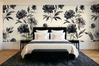 Black Peony Floral Mural in a bedroom