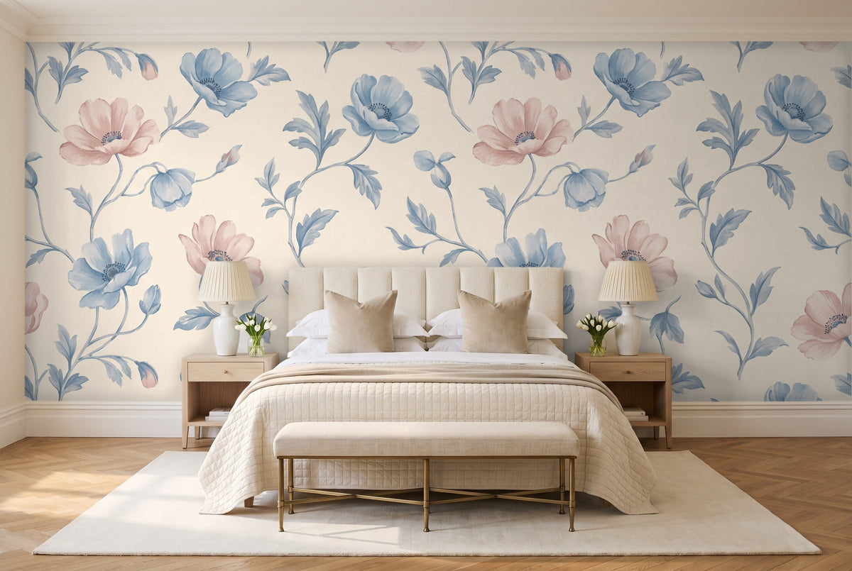 Blue And Pink Poppy Floral Mural in a bedroom