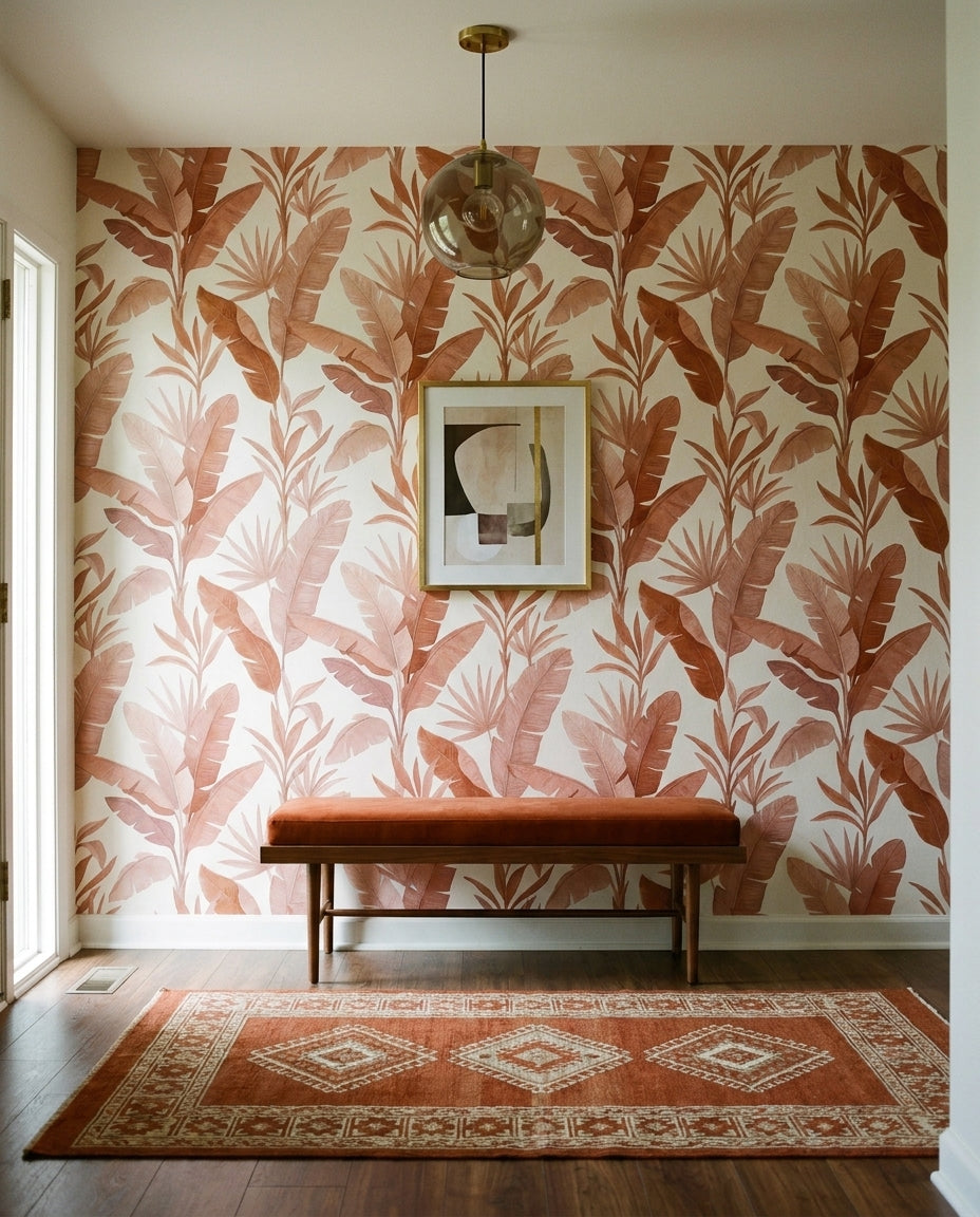 Pink Banana-leaf Tropical Mural on a feature wall