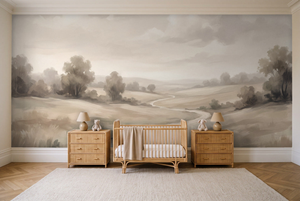 Cream Meadow Landscape Mural in a nursery