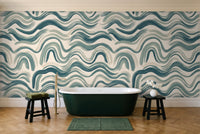 Teal Wave Abstract Mural in a bathroom