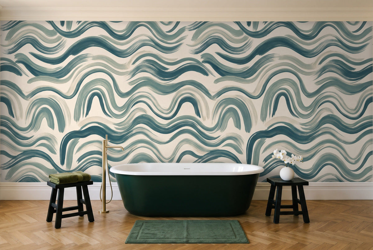 Teal Wave Abstract Mural in a bathroom