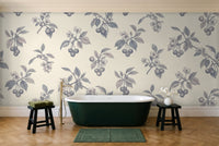 Blue And Grey Cherry Botanical Mural in a bathroom