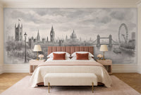 Grey London Cityscape Mural in a bedroom