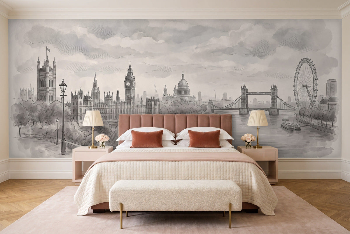 Grey London Cityscape Mural in a bedroom