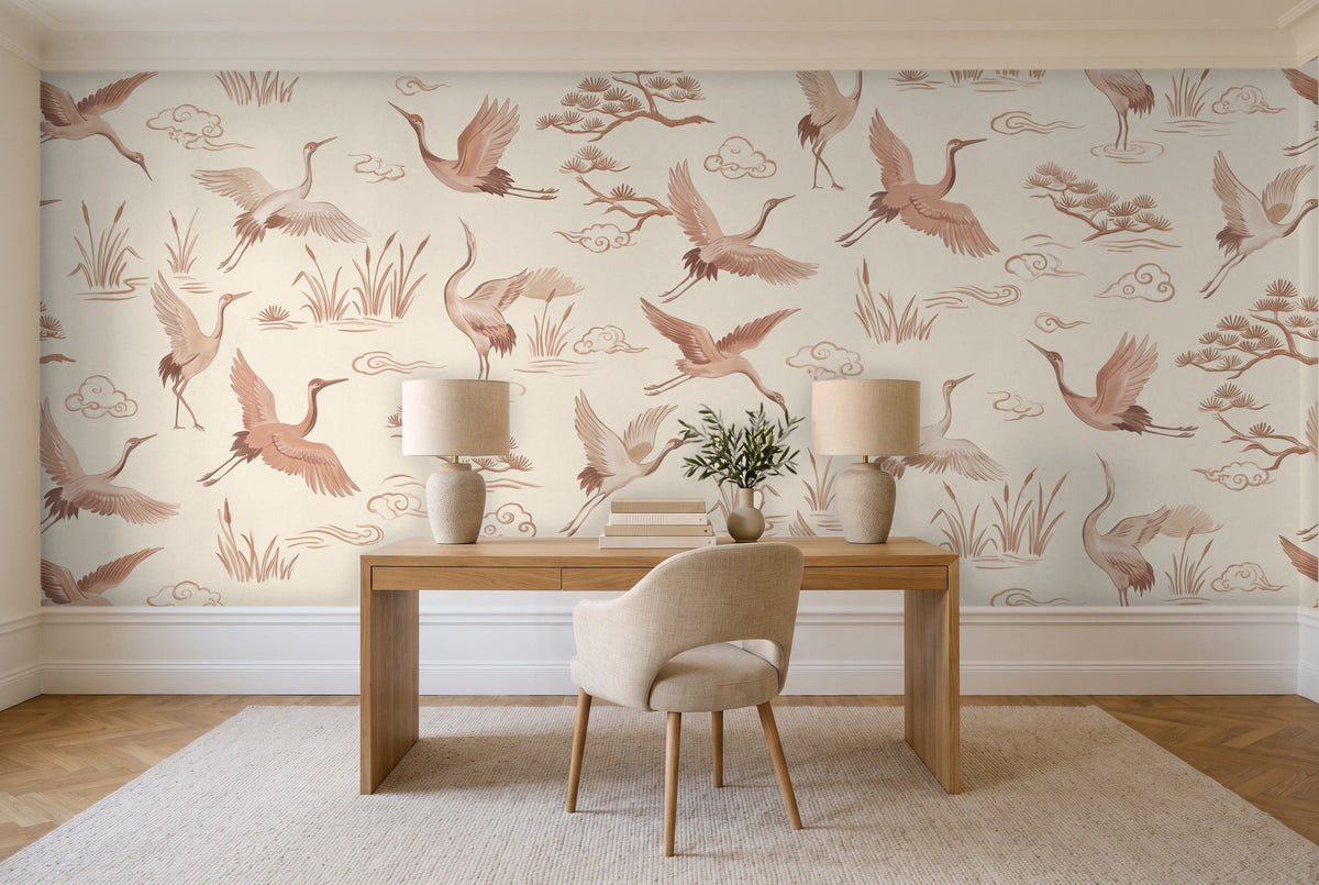 Blush Crane Animal Mural in a home office