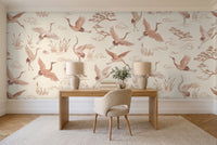Blush Crane Animal Mural in a home office