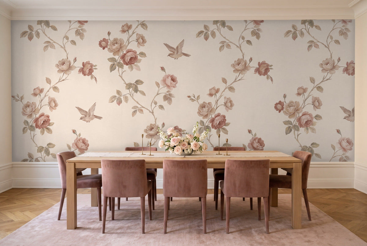 Blush Rose Floral Mural in a dining room