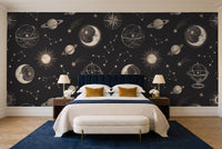 Black Moon Celestial Mural in a bedroom