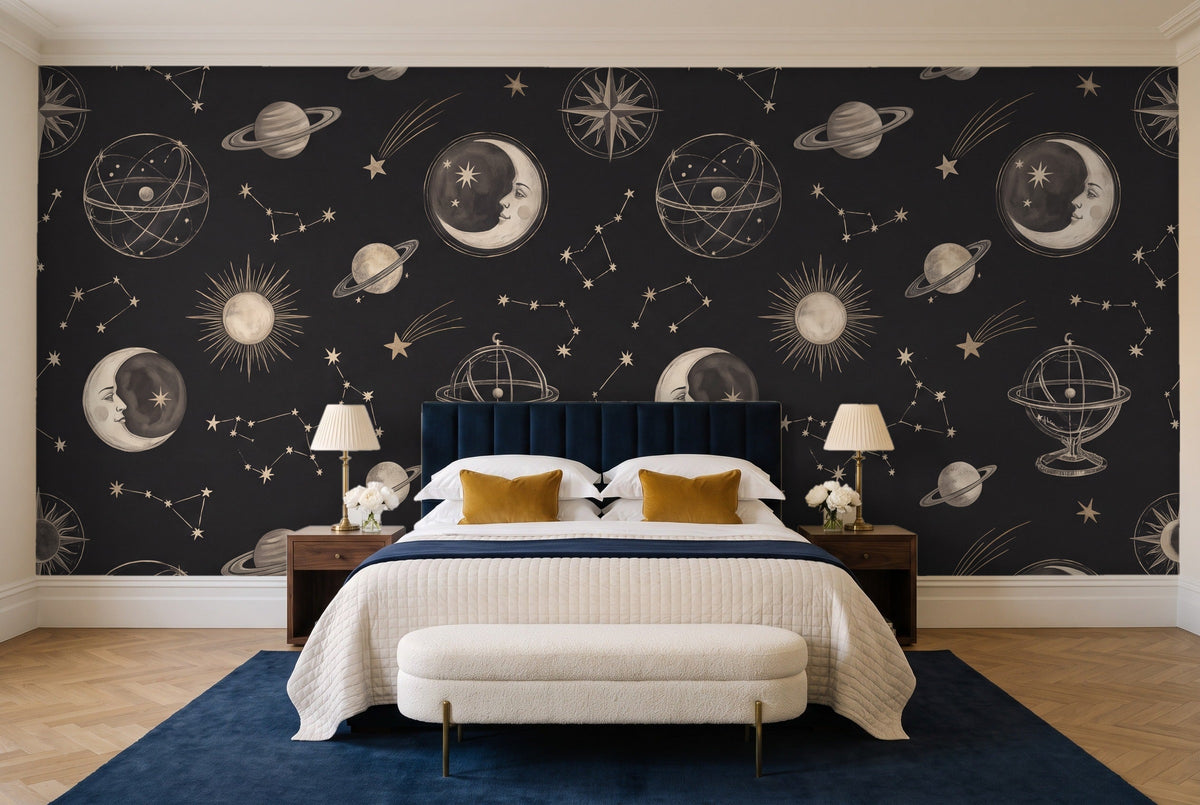 Black Moon Celestial Mural in a bedroom
