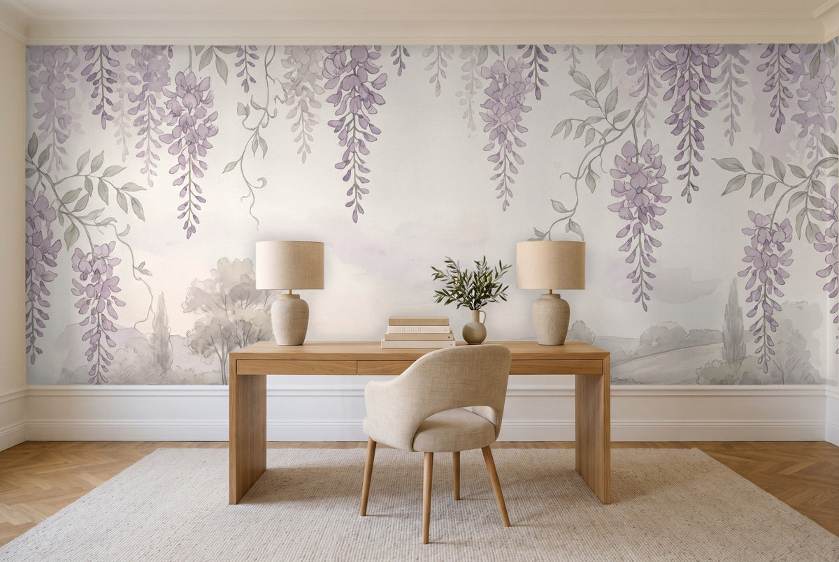Lilac Wisteria Floral Mural in a home office