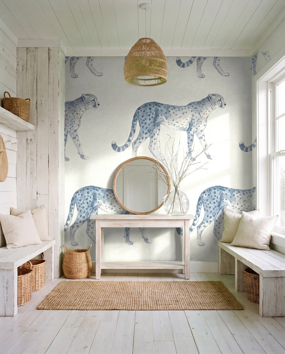 Blue-and-grey Cheetah Animal Mural in an interior