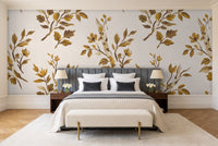 Mustard Birch Botanical Mural in a bedroom