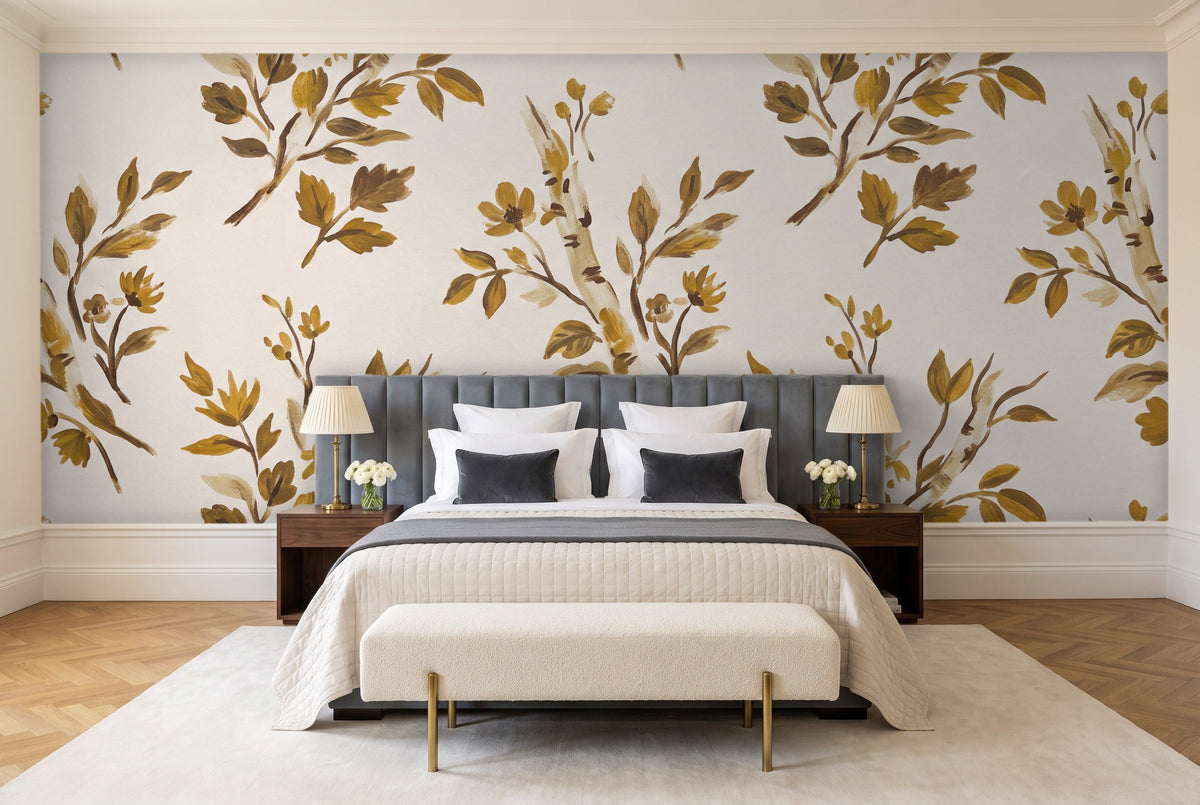 Mustard Birch Botanical Mural in a bedroom