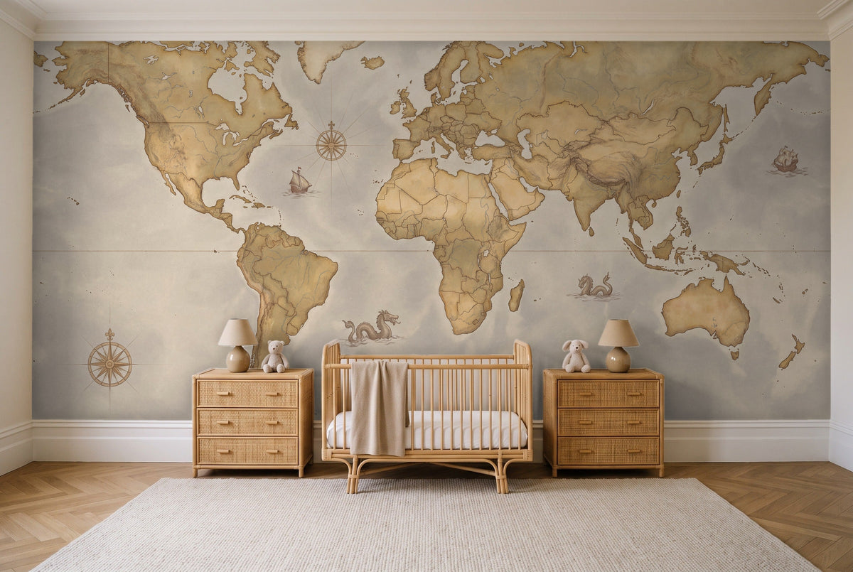 Ochre World Map Map Mural in a nursery