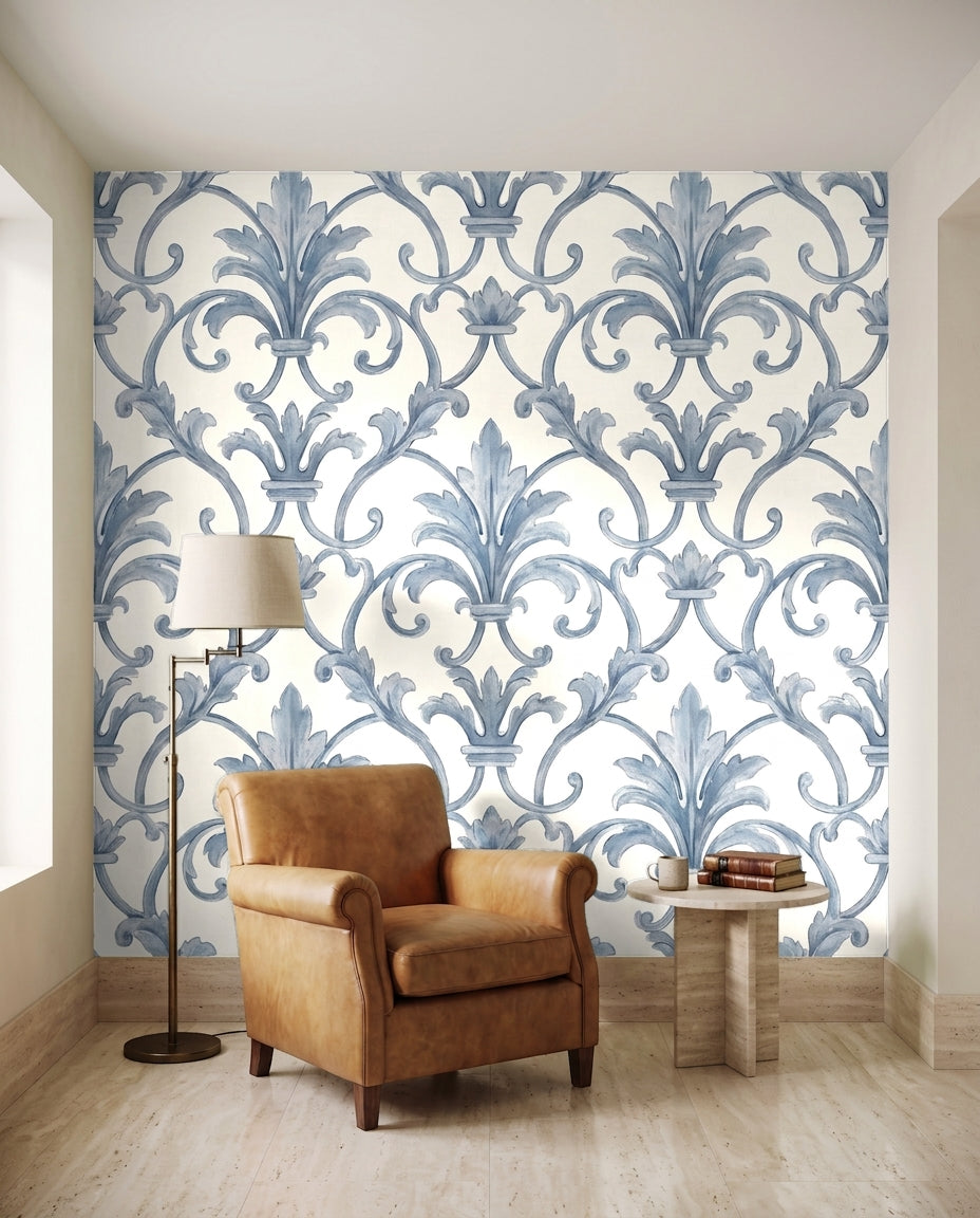 Blue Scroll Damask Mural on a feature wall