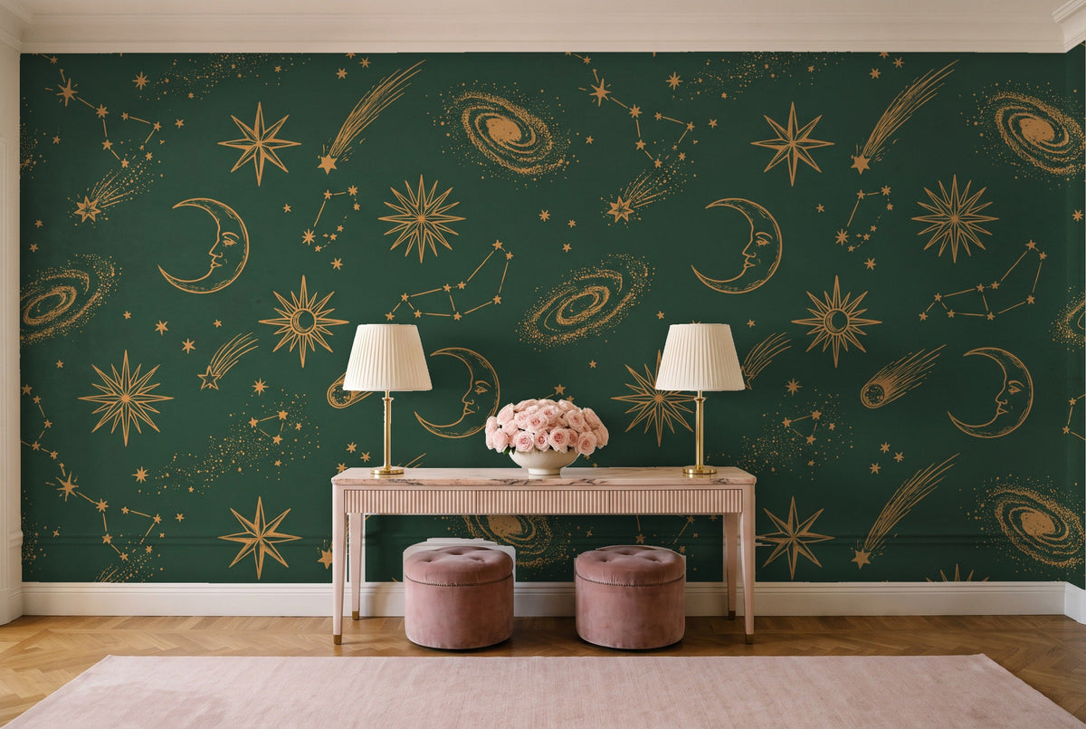 Green And Gold Stars Celestial Mural in an entryway