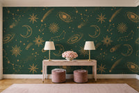 Green And Gold Stars Celestial Mural in an entryway