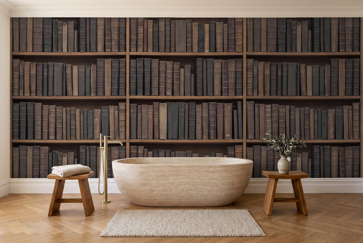 Charcoal Bookshelf Library Mural in a bathroom