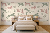 Green And Pink Cheetah Animal Mural in a bedroom