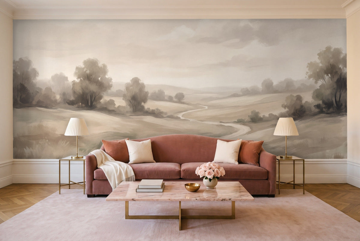 Cream Meadow Landscape Mural in a living room