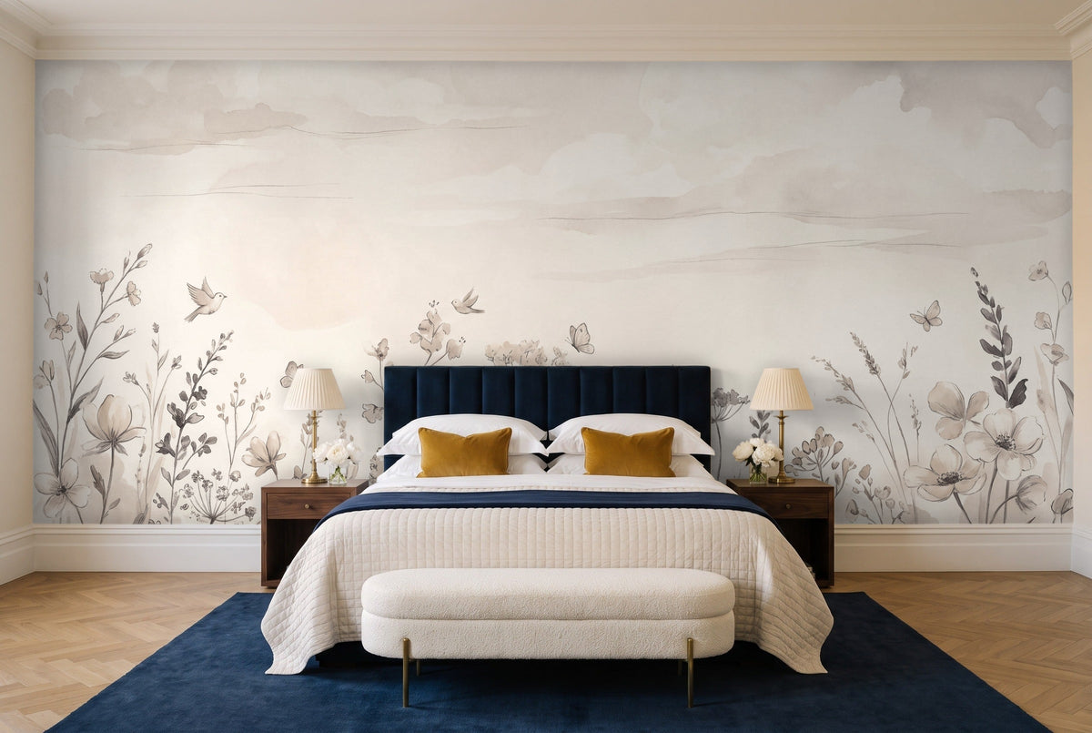 Cream Wildflower Meadow Floral Mural in a bedroom