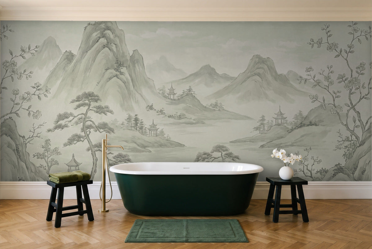 Sage Mountain Landscape Mural in a bathroom