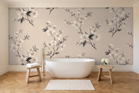 Cream Cherry Blossom Floral Mural in a bathroom