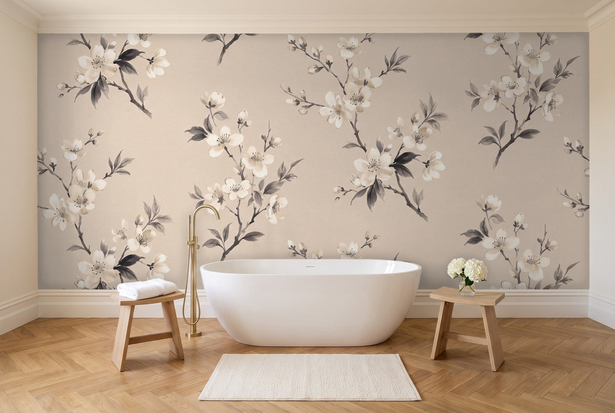 Cream Cherry Blossom Floral Mural in a bathroom