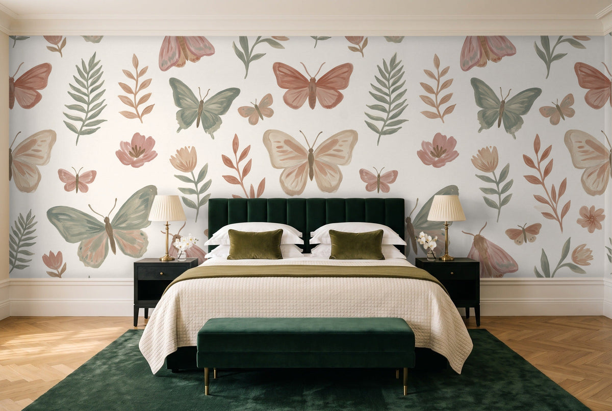 Green And Pink Butterfly Mural in a bedroom