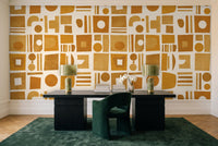 Ochre Grid Geometric Mural in a home office