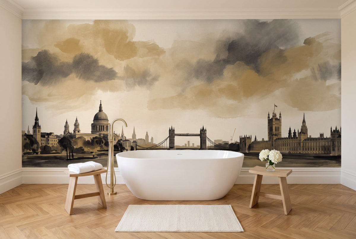 Black And Gold London Cityscape Mural in a bathroom