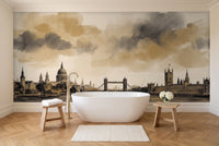 Black And Gold London Cityscape Mural in a bathroom