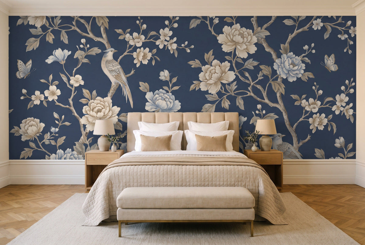 Navy Peony Floral Mural in a bedroom