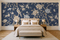 Navy Peony Floral Mural in a bedroom