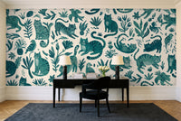 Teal Cat Animal Mural in a home office
