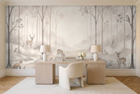 Cream Woodland Animals Landscape Mural in a home office
