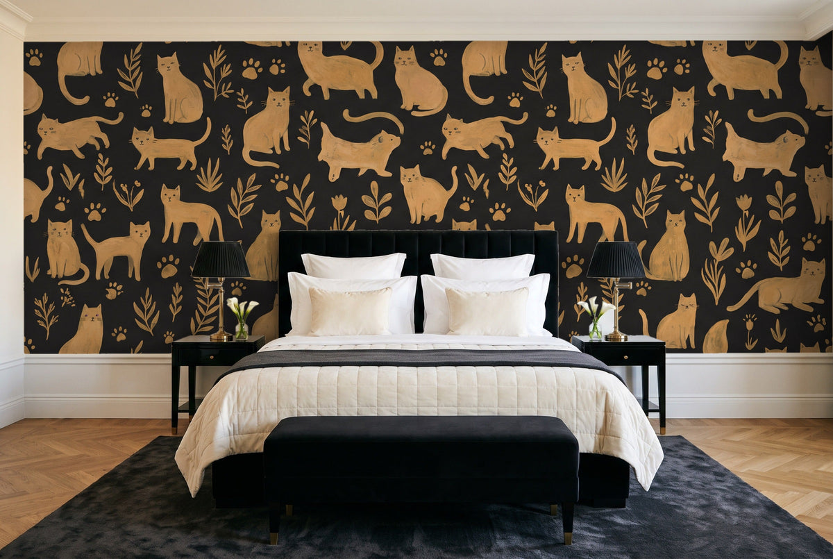 Black And Gold Cat Animal Mural in a bedroom