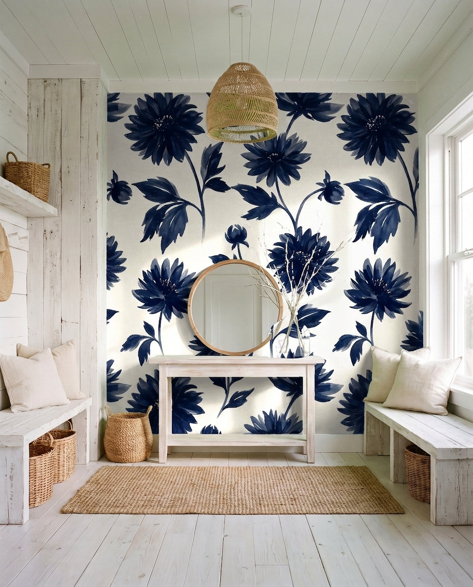 Navy Dahlia Floral Mural on a feature wall