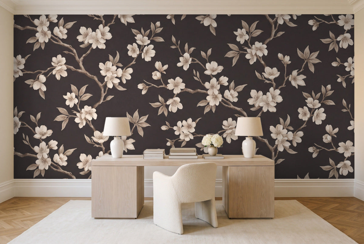 Charcoal Cherry Blossom Floral Mural in a home office