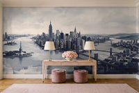 Navy New York Cityscape Mural in an entryway